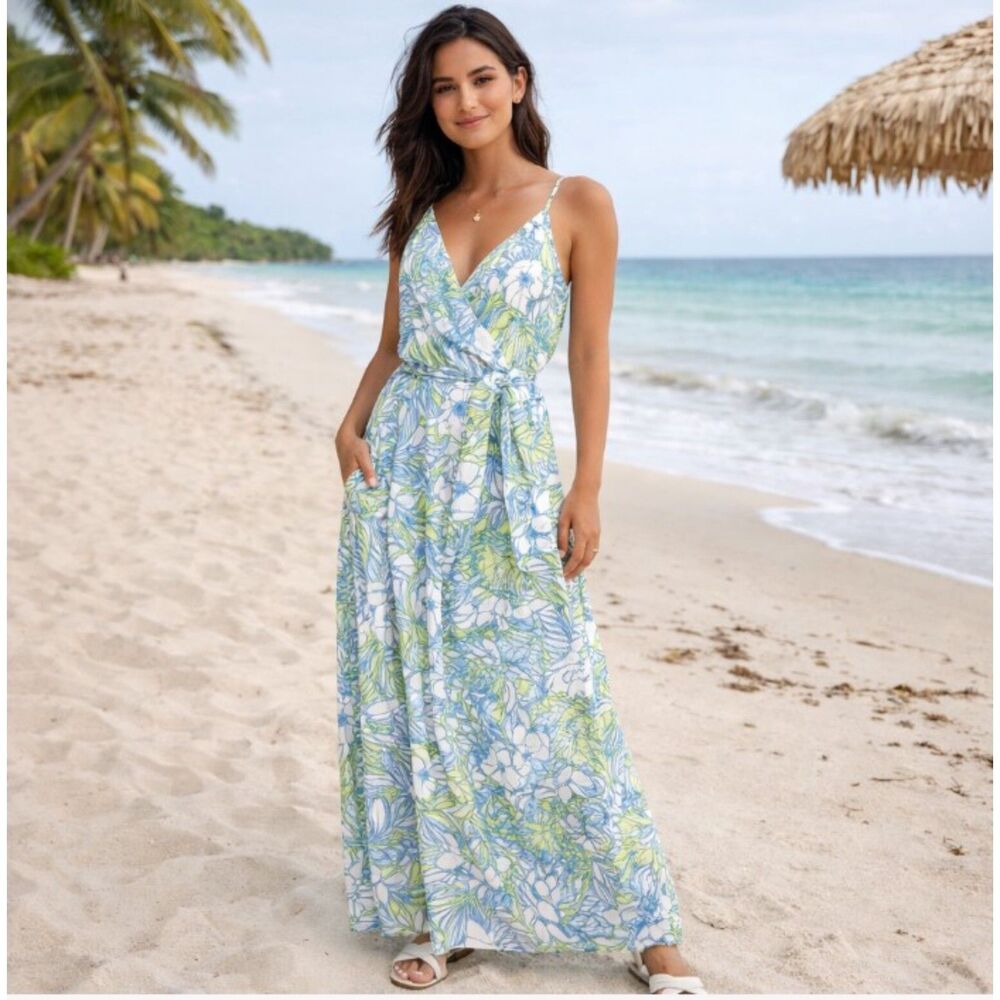 Lulus Maxi Dress Sunrise In Paradise Blue Tropical Lined Womens Size S